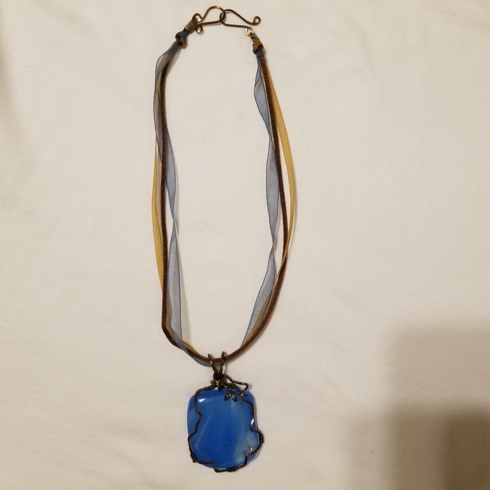 Blue stone necklace with bronze wire detail
